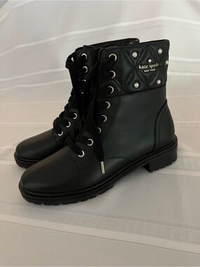 KATE SPADE “BILLIE PEARL” Black Quilted Pearl-Accent Lace-Up Combat Boots - 7B
